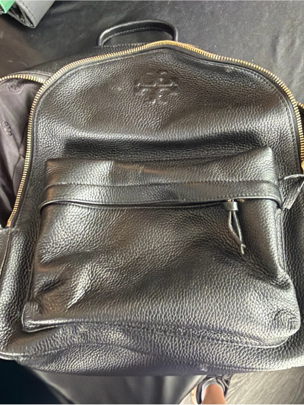 Tory Burch Black Pebbled Leather Gold-Zip Backpack